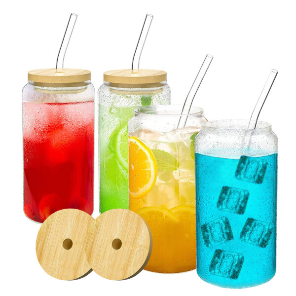 Drinking Glasses with Lids and Straw, 16oz Can Shaped Glass Cups, Beer Glasses, Iced Coffee Glasses, Ideal for Whiskey, Soda, Tea, 1 Cleaning Brush, 4 Pack