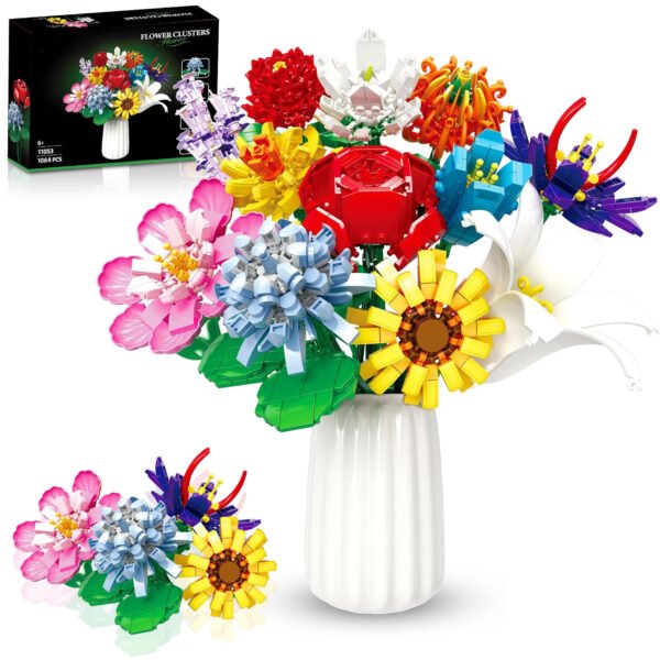 1064 Pcs Flower Bouquet Building Set, 12 Artificial Flowers Botanical Collection Toys for Valentines’ Day Christmas (No Vase)