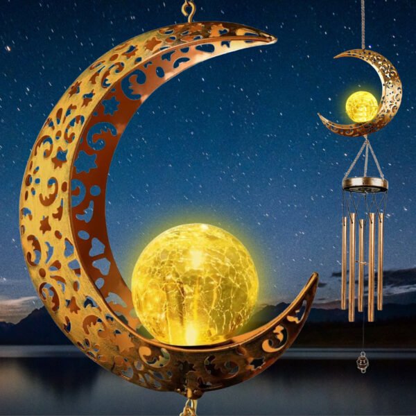 Moon Wind Chimes, Solar Wind Chimes for Outside Lights, Crackle Glass Ball Wind Chimes, Memorial Gifts for Grandma Moon Decor Gardening Gifts Patio Yard Christmas Decorations