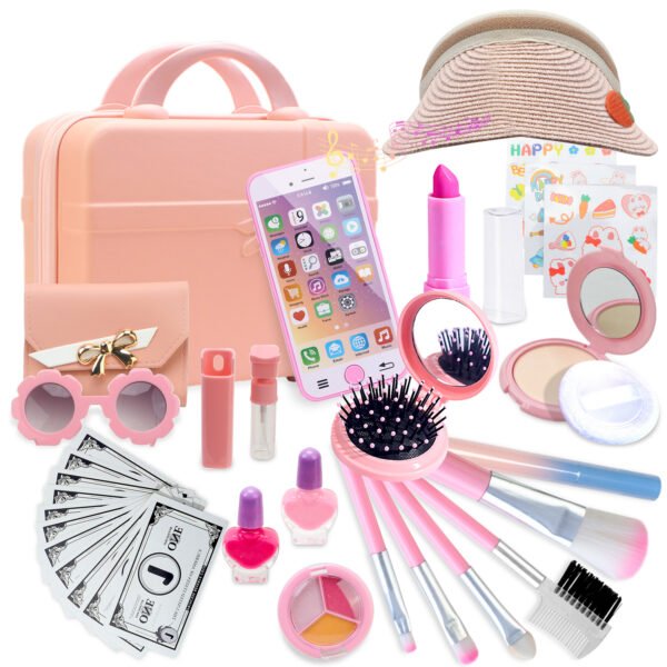 Syenll Play Purse for Little Girls, 39 Pcs Kids Purse Toy with Real Makeup Kit, Travel Bag and Toy Phone, Wallet and Sun Hat for Toddlers