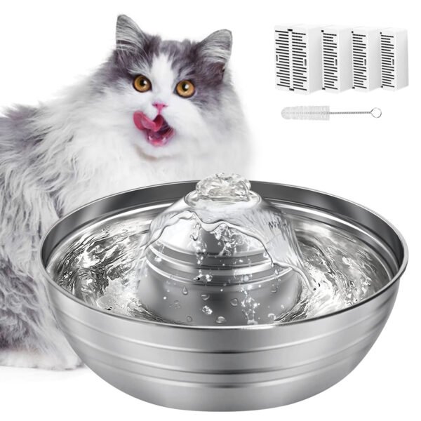 8 Cat Water Fountain, 2L/67oz Stainless Steel Pet Water Fountain, Quiet Cat Water Bowl for Cats and Small Dogs (Silver)