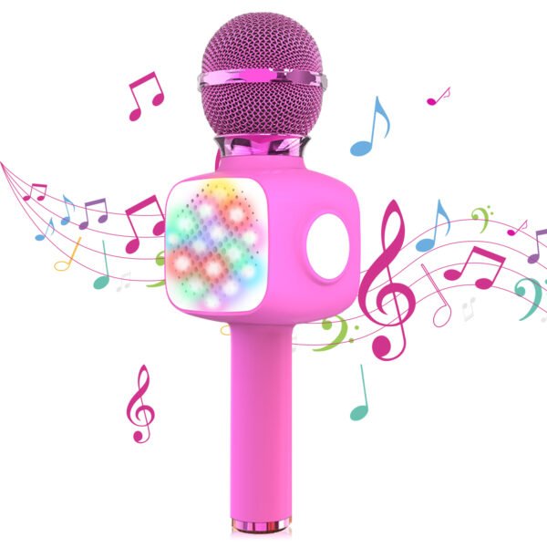 1-3 Kids Bluetooth Microphone, Wireless Karaoke Microphone with Flashing Light, Portable Handheld Mic Speaker for Singing, Microphone Toy for Kids Adults (Pink)