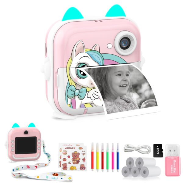 Instant Print Camera for Kids, Selfie Camera with 5 Rolls Print Paper and 32GB SD, Color Pens, Christmas Birthday Gifts for Boys and Girls Age 3-12, Pink