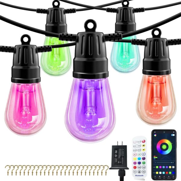 Outdoor String Lights, 50ft RGB Patio Lights Outdoor with App and Remote, Waterproof Hanging LED Lights with 20 Bulbs for Garden, Cafe, Christmas, Party