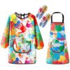Kids Art Smocks Set, Waterproof Long Sleeve Smock with Pocket Painting Apron and Sleeve Cover for Kids Painting Cooking Baking, Medium