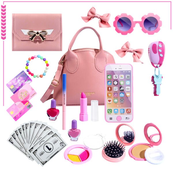 Play Purse Toy for Girls, Toddler Girl Purse Handbag with Makeup, Smartphone, Wallet, Keys, Credit Card, 31 Pieces Pretend Toy Set for 2-3 Year-Old-Girls Toddler (Pink)