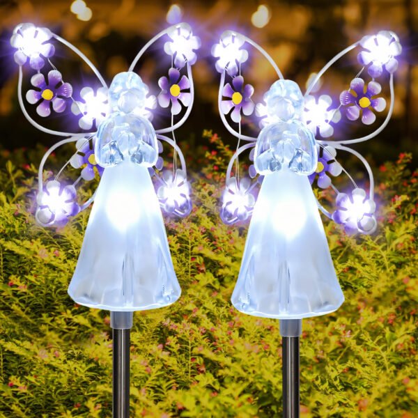 Solar Garden Lights Outdoor, 2 Pack LED Angel Solar Decorative Lights, Waterproof Solar Pathway Lights for Patio Yard Grave Cemetery, Purple