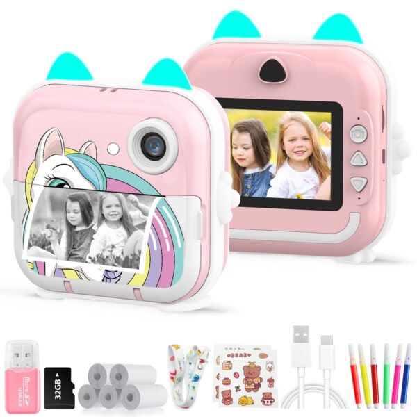 Kids Camera Instant Print, Selfie Digital Camera with Print Paper & 32G Card, Christmas Birthday Gifts Camera Toys for DIY, Girls Boys 3-12 Years Old (Pink)