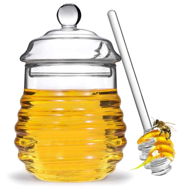 Glass Honey Jar, Honey Dispenser with Dipper and Lid, 8.4 Ounce Honey Pot Container for Honey Home Kitchen Tea Syrup Sugar
