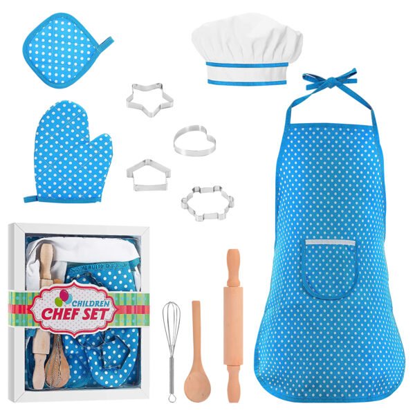 11 Pcs Kids Aprons for Girls Boys, Kids Cooking and Baking Sets, Chef Hat Apron Pretend Play Set for Toddlers Age 3-8, Blue