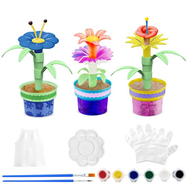 3 Pack Artificial Potted Flowers, Realistic Flower Pots with Paint Set, DIY Craft Kit for Home Office Decor