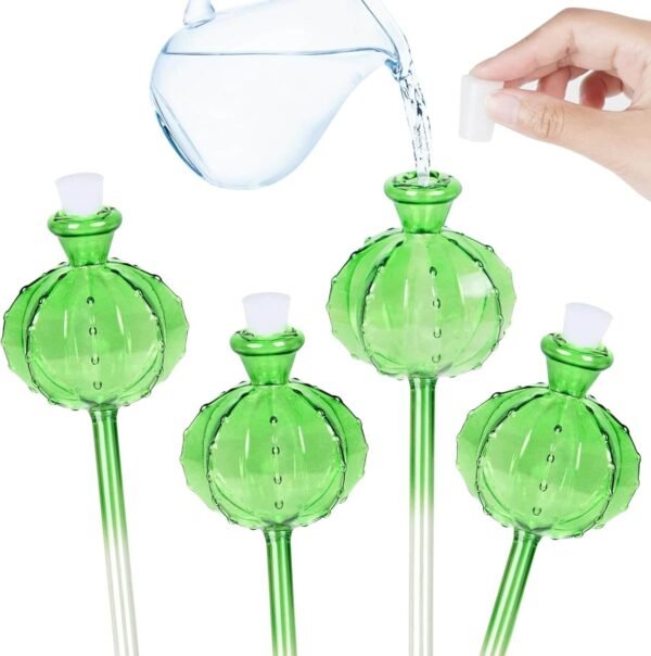 4 Pcs Plant Watering Globes, Automatic Glass Watering Bulbs, Cactus Shaped 140 ML Decorative Watering Device for Indoor Outdoor Plant Garden Patio, Green