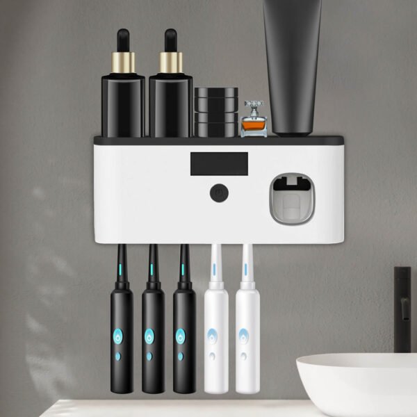 Syenll Toothbrush Holders for Bathrooms, Wall Mounted Toothbrush Holder with Toothpaste Dispenser, 5 Brush Slots and 1 Large Storage Tray for Bathroom (Black)