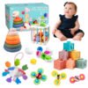 6-in-1 Montessori Baby Toys for 6-12 Months, Pull String Teether, Infant Stacking Blocks, Sensory Storage Bin Teething Toy Gifts for 1 2 3 Year Old Boys Girls