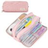 Large Capacity Pencil Case, 3 Compartment Pouch Pen Bag for Adults Teen College, Zipper Pouch Office Supplies Stationery Tool Bag (Pink)