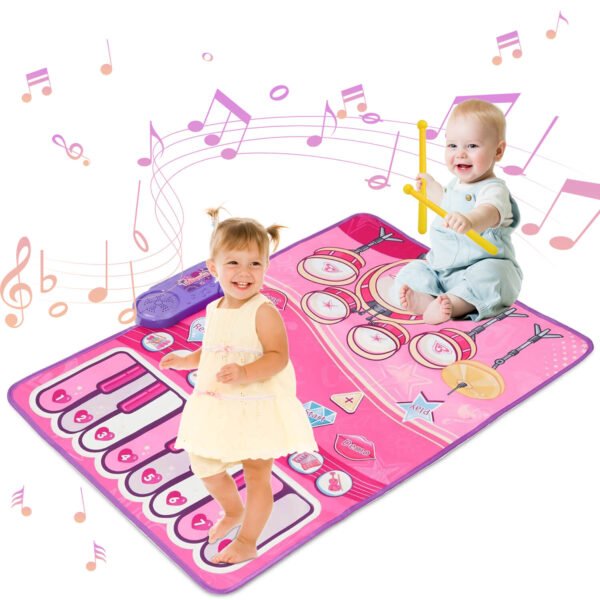 Baby Musical Mat, 2 in 1 Piano Keyboard & Drum Set with 2 Drum Sticks, Piano Mat Infant Music Toy Birthday Gifts for 1 2 3 Year Old Boys Girls, Pink