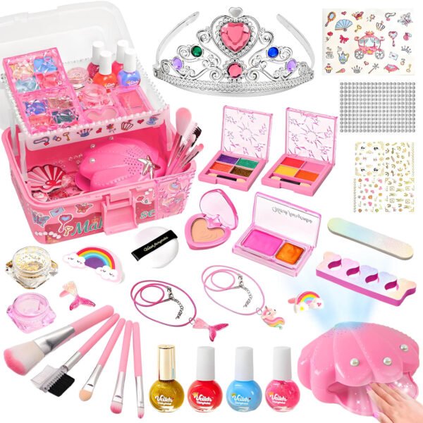 Kids Nail Polish Makeup Kit for Girls, Kids Nail Art Makeup Toy Set with Nail Dryer Mermaid Jewelry Kit, Quick Dry Nail Polish Princess Birthday Gifts for Little Girls Toys, Pink