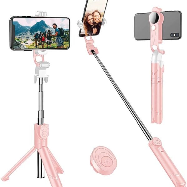 Tripod Stand Selfie Stick, Extendable Bluetooth Selfie Stick with Wireless Remote Compatible with iPhone XR/XS/X/8/Plus/7/Plus/SE/6S/6/Plus, Galaxy S9/S8/S7/S6, Android, More, Pink