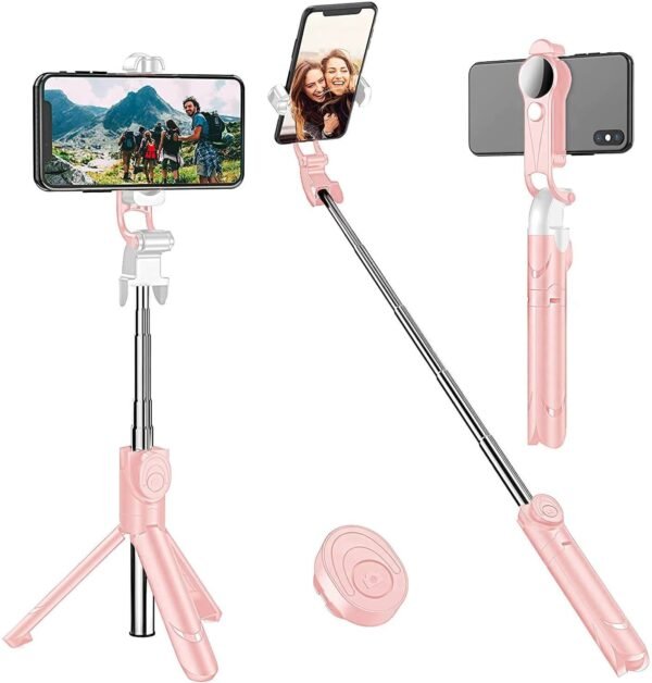 Tripod Stand Selfie Stick, Extendable Bluetooth Selfie Stick with Wireless Remote Compatible with iPhone XR/XS/X/8/Plus/7/Plus/SE/6S/6/Plus, Galaxy S9/S8/S7/S6, Android, More, Pink