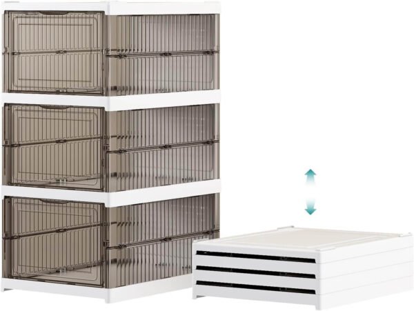 Foldable Shoe Storage Box, 3 Tiers Stackable Shoe Rack Bins with Clear Door, Plastic Shoe Shelf, Dustproof Shoe Cabinet Organizer for Closet Entryway, White