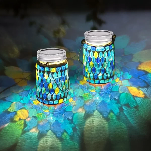 2 Pack Mosaic Solar Lantern Lights, Outdoor Solar Hanging Lights, Waterproof Mosaic Glass Lights Table Lamps for Patio Garden Yard Pathway Decoration (Blue)
