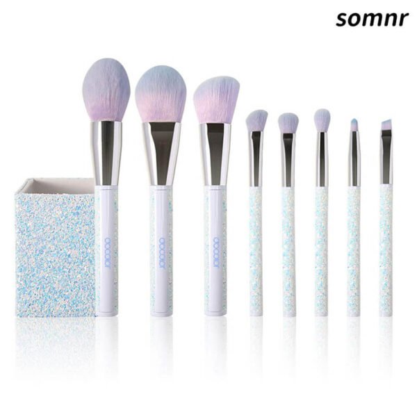 Somnr 8 PCS Glitter Makeup Brushes with Holder, Make Up Brush Set for Foundation Contour Blush Eyeshadow Eyebrow Bronzer Blending, Soft Synthetic Bristles (White)