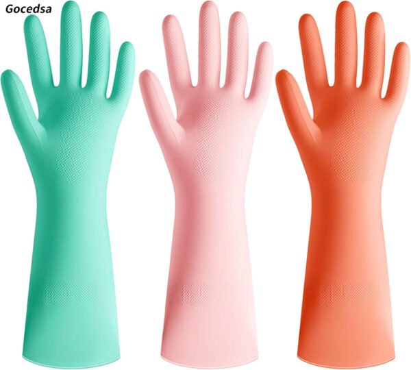 Gocedsa Rubber Cleaning Dishwashing Kitchen Gloves, 3 Pairs Colorful Dish Gloves,Reusable Rubber Gloves for Dishwashing