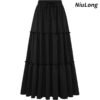 NiuLong Women's Summer Maxi Skirt, Trendy High Waist Pleated Ruffle Long Skirts, Flowy Beach Boho Skirt Dress with Pockets