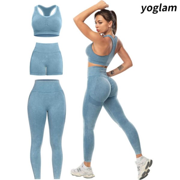 yoglam 3 Piece Workout Sets for Women Butt Lifting Leggings with High Impact Sports Bra Gym Shorts