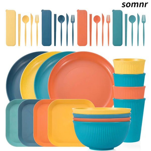 Somnr 36PCS Wheat Straw Dinnerware Sets, Reusable Plates and Bowls Sets, Unbreakable Cups, Knives, Forks, Spoons & Chopstick, Microwave, Dishwasher Safe Tableware Kitchen Outdoor Camping Presents