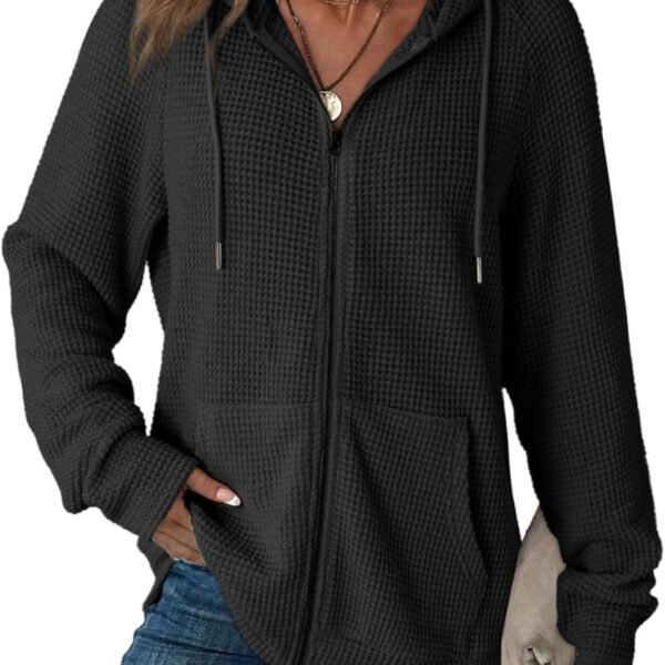 夹克1 Yoglam Women's Waffle Knit Full Zip Hoodies, Long Sleeve Drawstring Casual Hooded Sweatshirts
