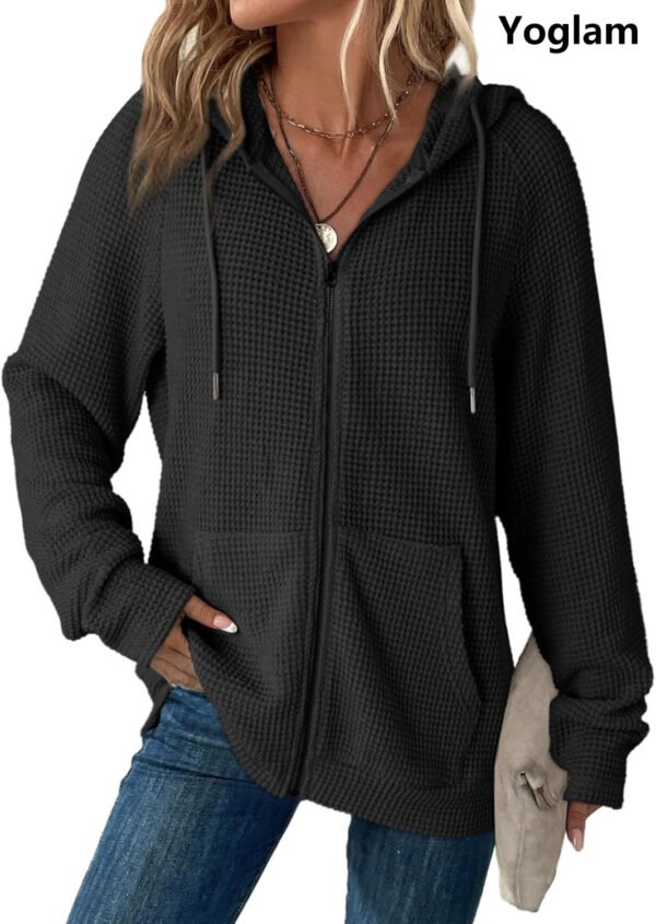 夹克1 Yoglam Women's Waffle Knit Full Zip Hoodies, Long Sleeve Drawstring Casual Hooded Sweatshirts