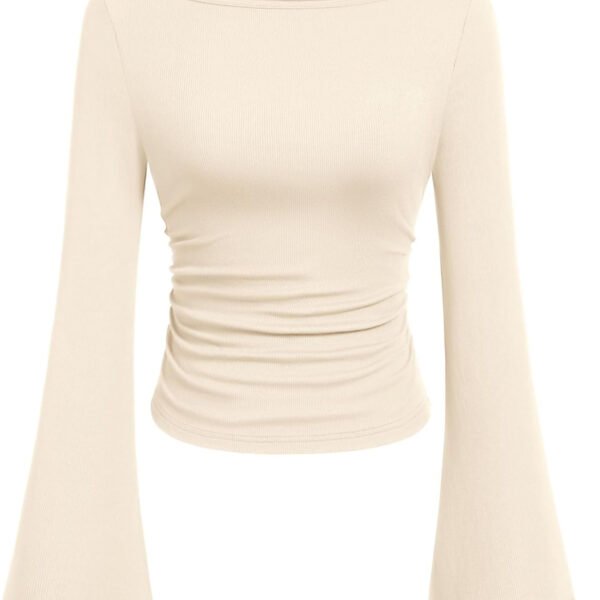 短袖1 Yoglam Womens Long Sleeve Shirts, Spring Crop Going Out Tops Casual Boat Neck Bell Sleeve