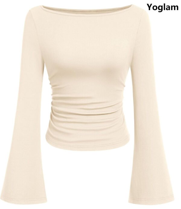 Yoglam Womens Long Sleeve Shirts, Spring Crop Going Out Tops Casual Boat Neck Bell Sleeve