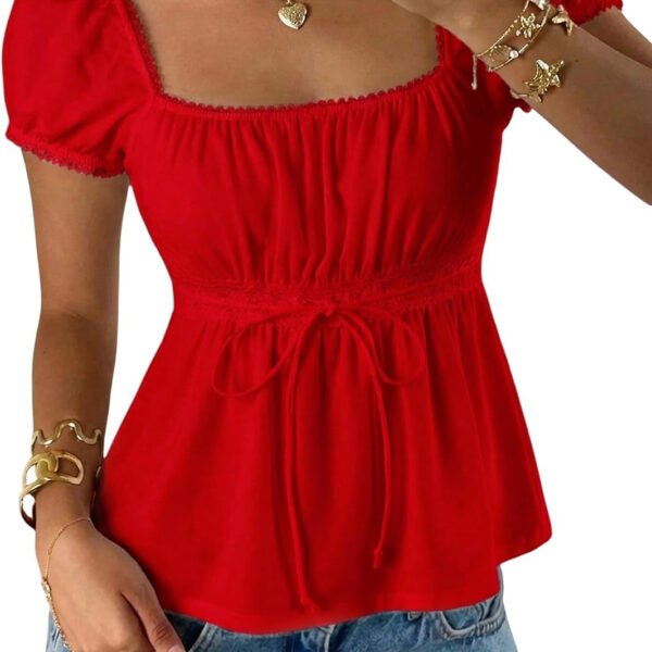 Yoglam Cute Square Neck Short Sleeve Peplum Babydoll Top for Women & Teen Girls Summer Casual Blouse T-Shirt