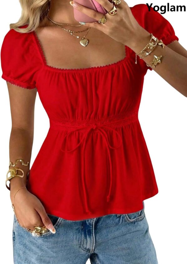 短袖2 Yoglam Cute Square Neck Short Sleeve Peplum Babydoll Top for Women & Teen Girls Summer Casual Blouse T-Shirt