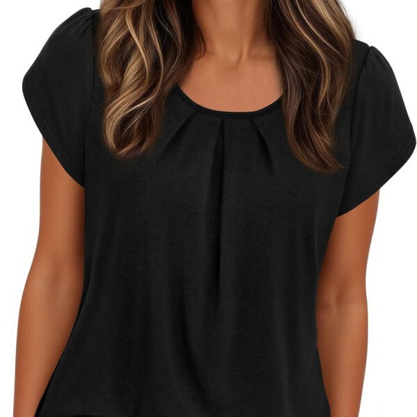 短袖3 Yoglam Women's Casual Dressy Tops, Crew Neck Short Sleeve Pleated Basic T-Shirt for Spring
