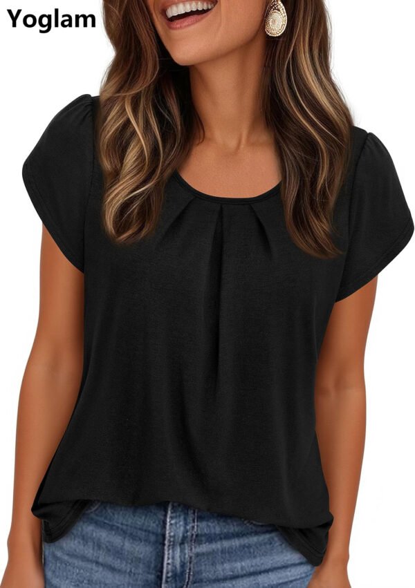 Yoglam Women's Casual Dressy Tops, Crew Neck Short Sleeve Pleated Basic T-Shirt for Spring